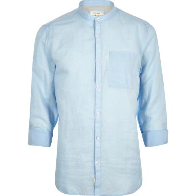 Light blue linen-rich grandad collar shirt